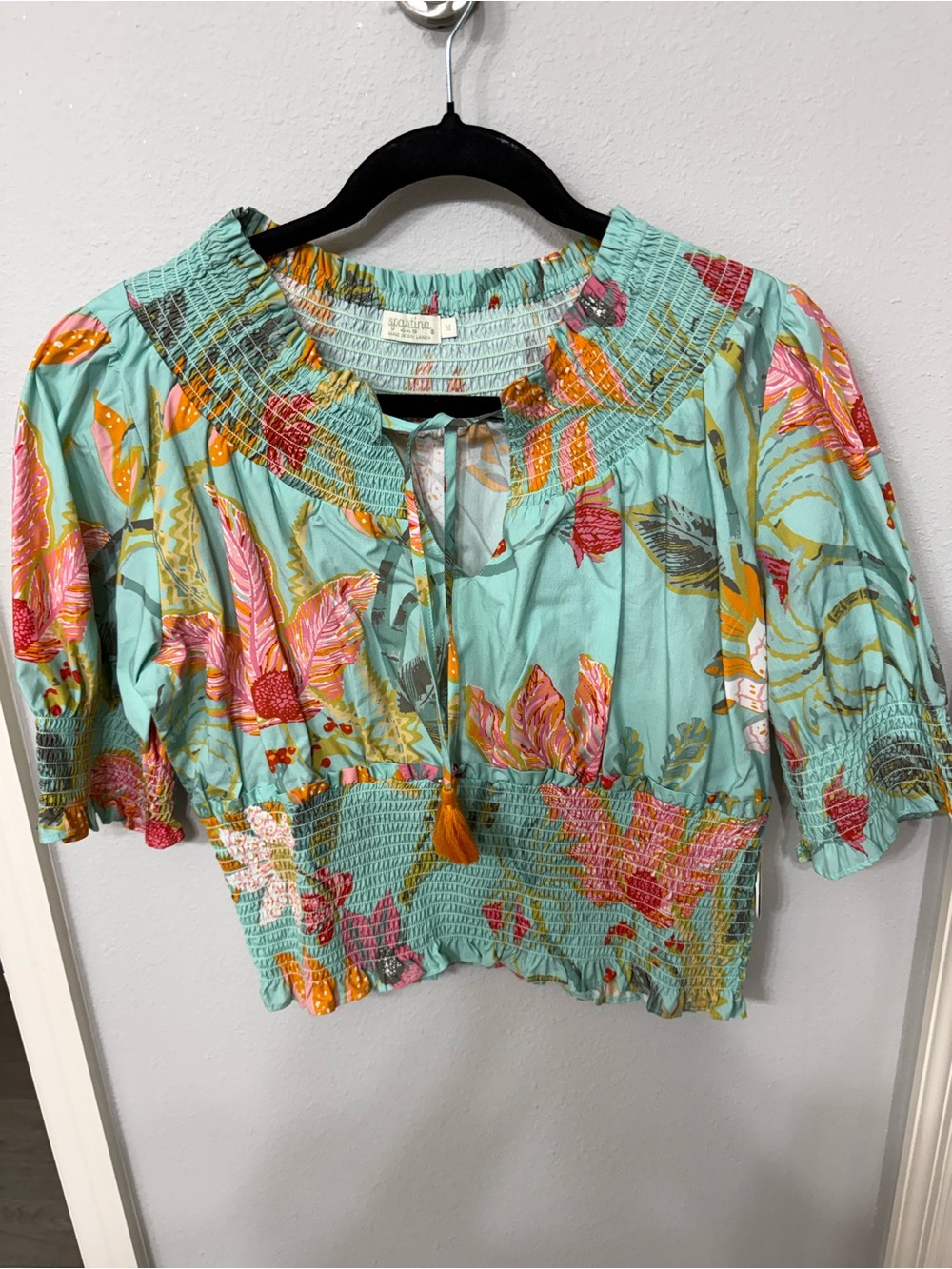 Spartina 449 Women’s Anya Smocked Tropical Floral Seafoam Blouse Size M